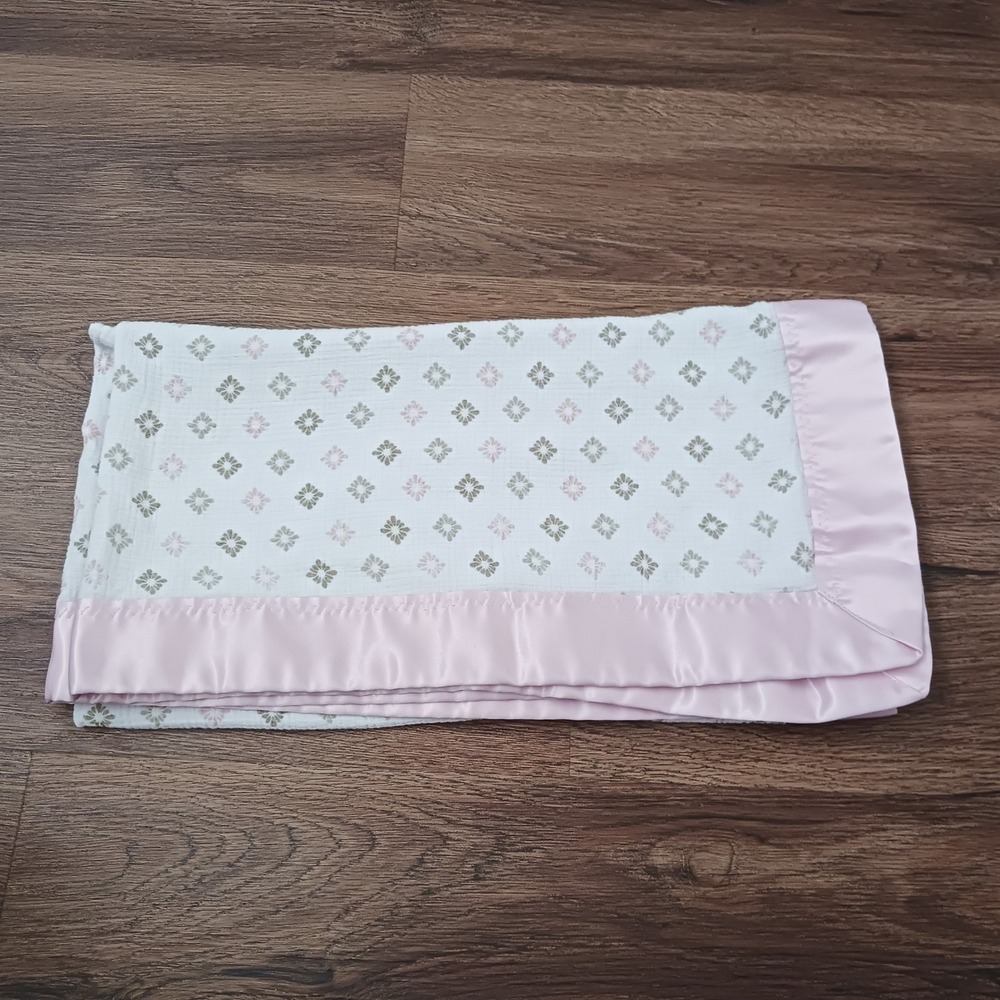 Summer Infant Muslin Baby Blanket Pink Satin Border Floral Cotton 37x35 54648